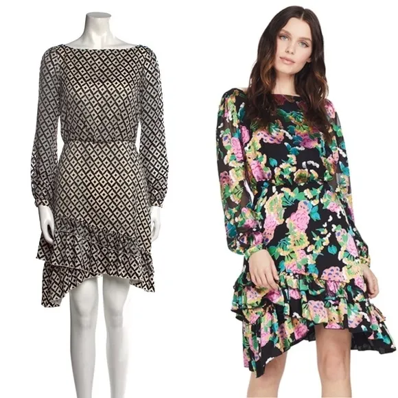 SALONI Silk Velvet Burnout Puff Long Sleeve Asymmetrical Ruffle Tier Hem Dress 4