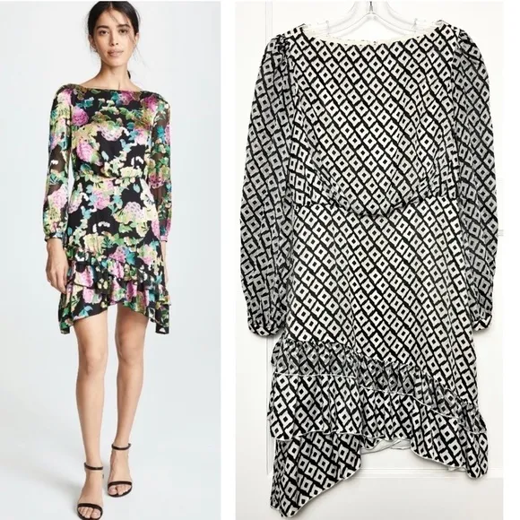 SALONI Silk Velvet Burnout Puff Long Sleeve Asymmetrical Ruffle Tier Hem Dress 4