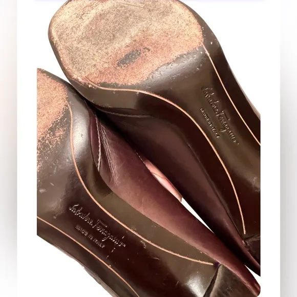 Salvatore Ferragamo Brown Leather Square Toe Pumps