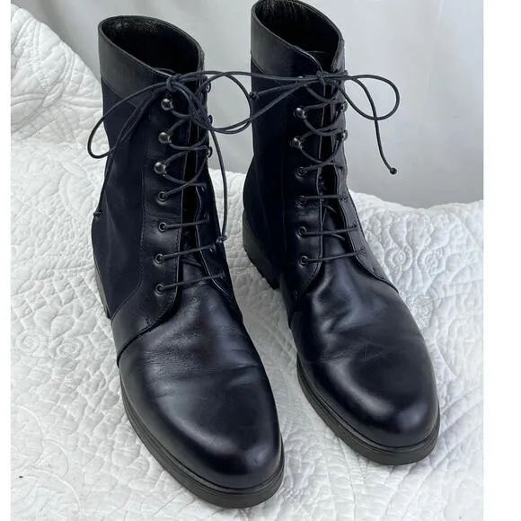 Salvatore Ferragamo Womens 7 Black Lace Up Leather Fabric Y2K Combat Boots