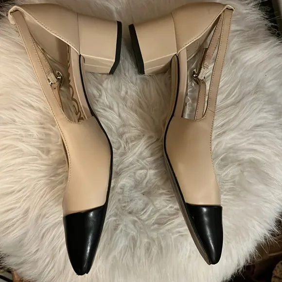 Sam Edelman Cream &amp; Black Two Tone Color Block Kitten Block Heel Slingback Shoes