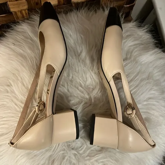 Sam Edelman Cream &amp; Black Two Tone Color Block Kitten Block Heel Slingback Shoes