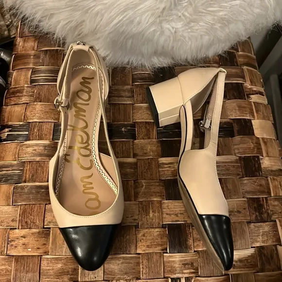 Sam Edelman Cream &amp; Black Two Tone Color Block Kitten Block Heel Slingback Shoes