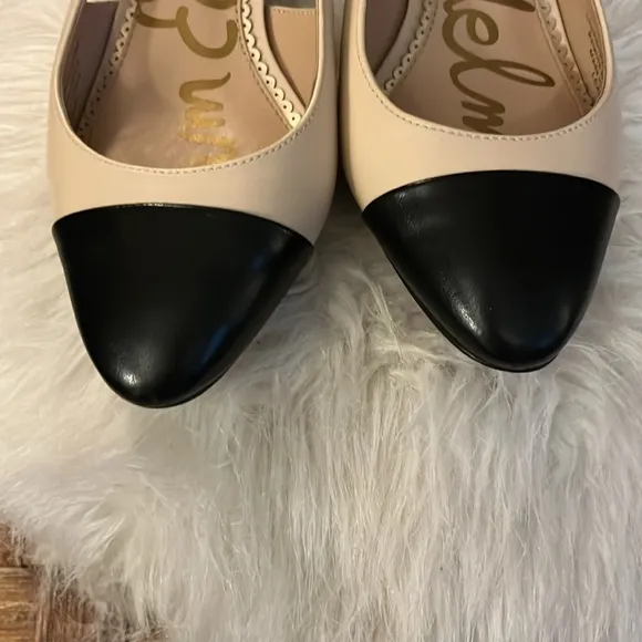Sam Edelman Cream &amp; Black Two Tone Color Block Kitten Block Heel Slingback Shoes
