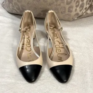 Sam Edelman Cream &amp; Black Two Tone Color Block Kitten Block Heel Slingback Shoes