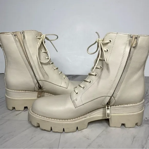 Sam Edelman Garret Modern Ivory Leather Lace Up Combat Boot 8M