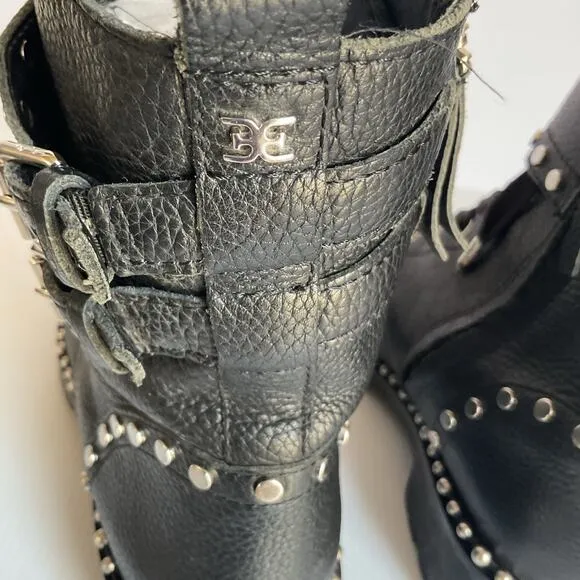 Sam Edelman Jennifer Studded Combat Boots Black Leather Size 7.5 Moto Lace-Up