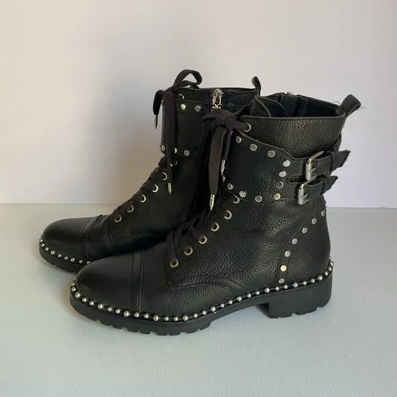 Sam Edelman Jennifer Studded Combat Boots Black Leather Size 7.5 Moto Lace-Up