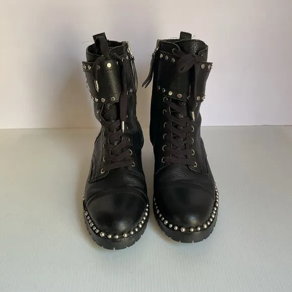 Sam Edelman Jennifer Studded Combat Boots Black Leather Size 7.5 Moto Lace-Up