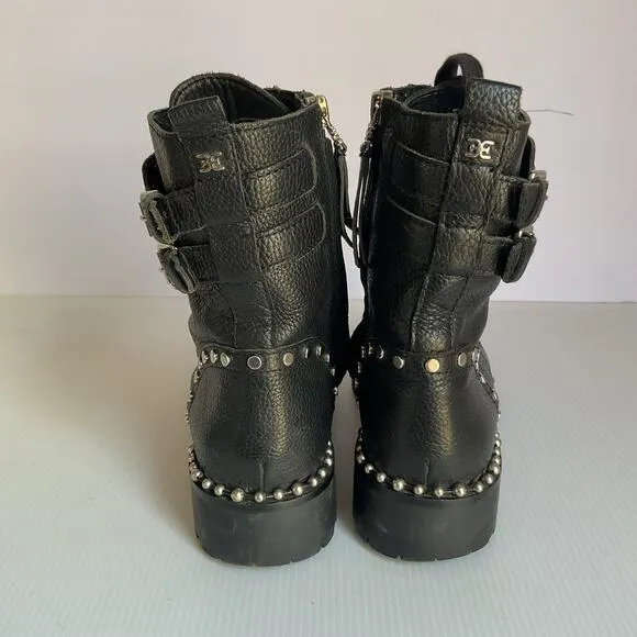 Sam Edelman Jennifer Studded Combat Boots Black Leather Size 7.5 Moto Lace-Up