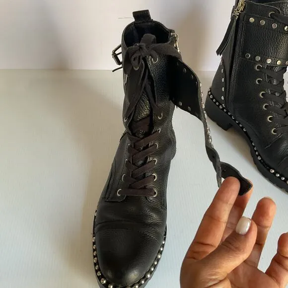 Sam Edelman Jennifer Studded Combat Boots Black Leather Size 7.5 Moto Lace-Up