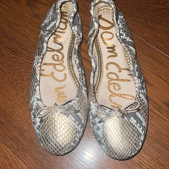 SAM EDELMAN Womens Beige Animal Print Snake  Felicia Leather Ballet Flats