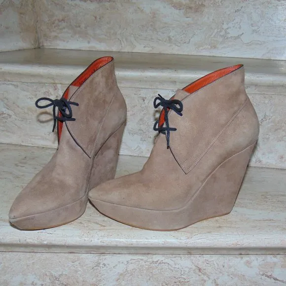 Santoni Rose Collection Camel Micro Suede Leather Lace Up Ankle Boots Wedges 9.5