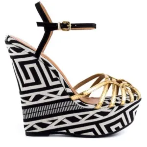 Schultz Gil Black, White &amp; Gold Platform Wedge Sandals