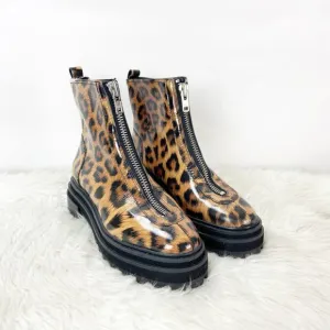 Schutz 6.5 B Womens Maryele Leopard Print Patent Leather Zip Combat Boots