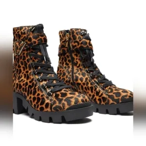 Schutz Calista Leopard Print Lace Up Platform Lug Sole Combat Boots 7.5