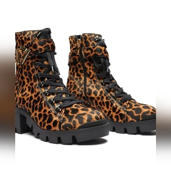 Schutz Calista Leopard Print Lace Up Platform Lug Sole Combat Boots 7.5