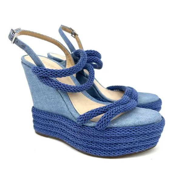 Schutz Leeneh Blue Denim Platform Wedge Sandals Size 6.5