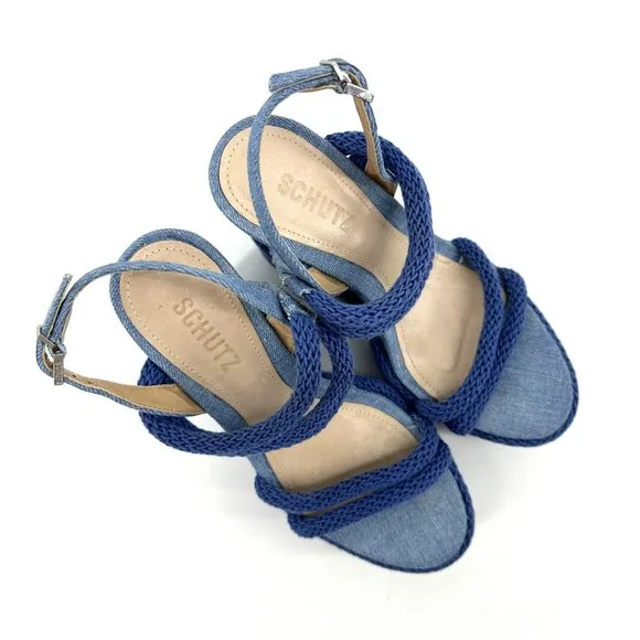 Schutz Leeneh Blue Denim Platform Wedge Sandals Size 6.5