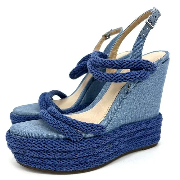 Schutz Leeneh Blue Denim Platform Wedge Sandals Size 6.5