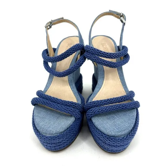 Schutz Leeneh Blue Denim Platform Wedge Sandals Size 6.5