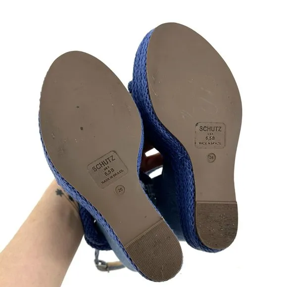 Schutz Leeneh Blue Denim Platform Wedge Sandals Size 6.5