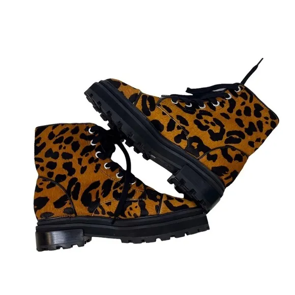Schutz Maylova Animal Print Boots Lace Up Size 8 Leopard Print Block Heel