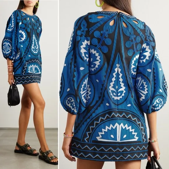 SEA NY Blue Gael Applique Long Sleeve Tunic Dress Size Small NWT
