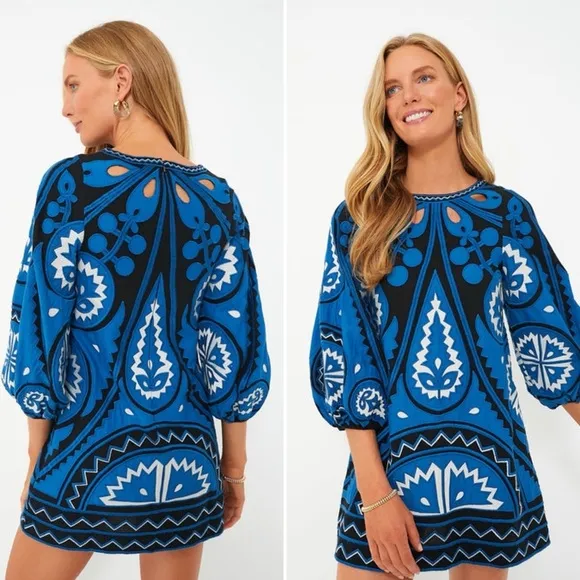 SEA NY Blue Gael Applique Long Sleeve Tunic Dress Size Small NWT