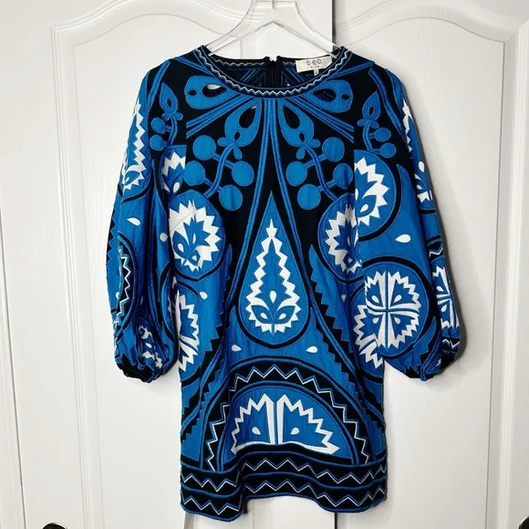 SEA NY Blue Gael Applique Long Sleeve Tunic Dress Size Small NWT