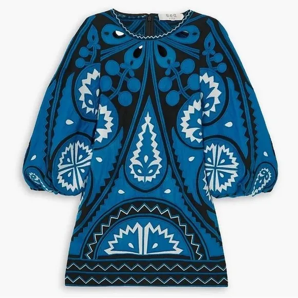 SEA NY Blue Gael Applique Long Sleeve Tunic Dress Size Small NWT