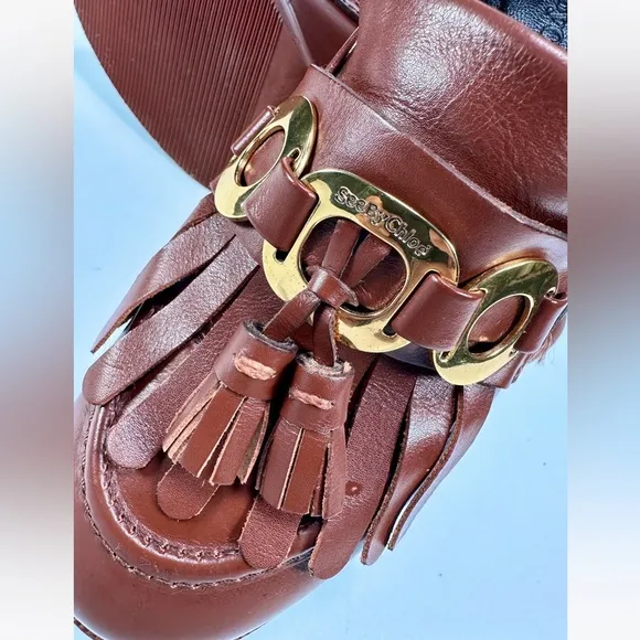 See By Chloé Brown ‘Lyvi’ Leather Pumps Fringed Tassel Detail