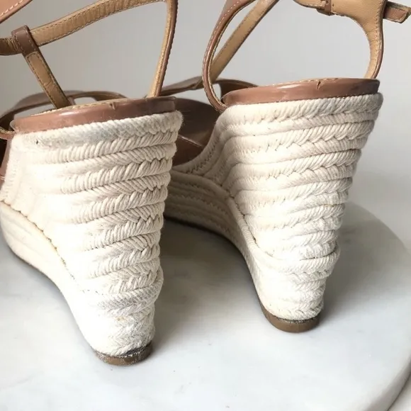 SERGIO ROSSI Nude Patent Leather T Platform Wedges