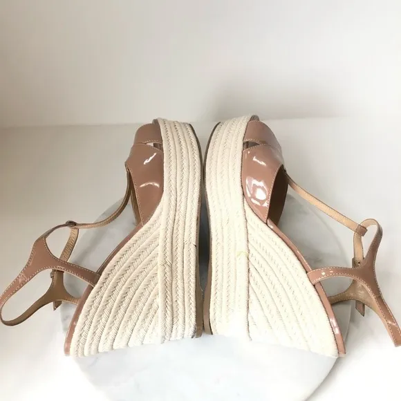 SERGIO ROSSI Nude Patent Leather T Platform Wedges