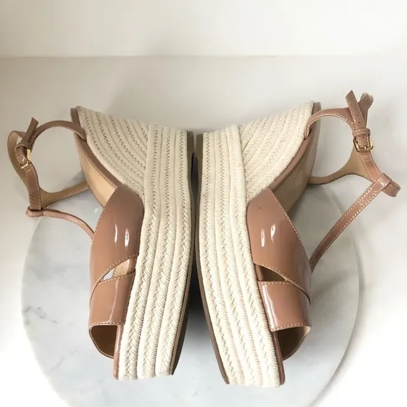 SERGIO ROSSI Nude Patent Leather T Platform Wedges