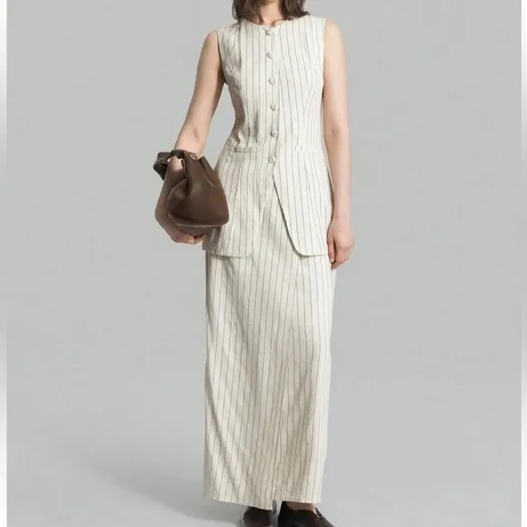 Set matching 2 piece Linen cream ivory striped button front vest &amp; midi skirt