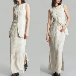 Set matching 2 piece Linen cream ivory striped button front vest &amp; midi skirt