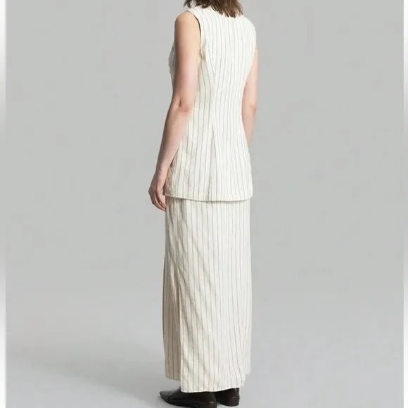 Set matching 2 piece Linen cream ivory striped button front vest &amp; midi skirt