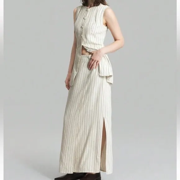 Set matching 2 piece Linen cream ivory striped button front vest &amp; midi skirt