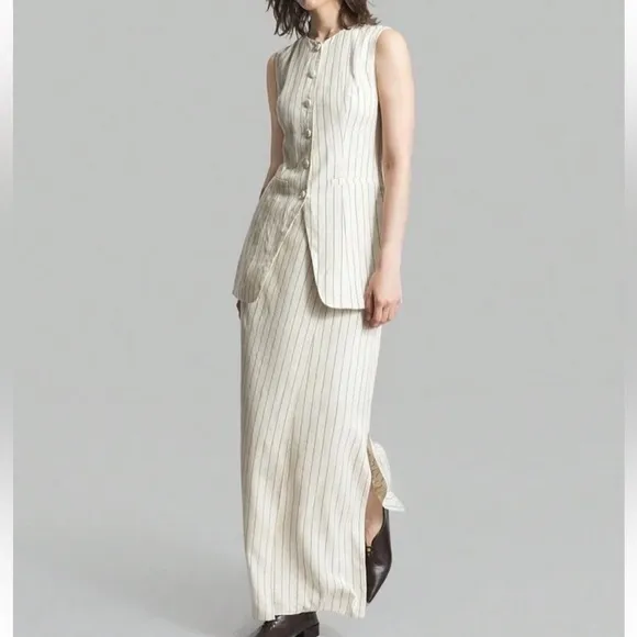 Set matching 2 piece Linen cream ivory striped button front vest &amp; midi skirt