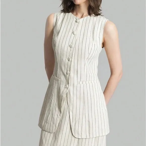 Set matching 2 piece Linen cream ivory striped button front vest &amp; midi skirt