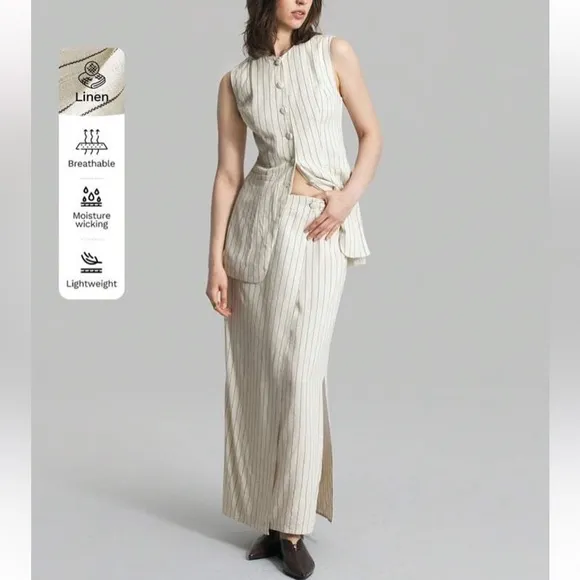 Set matching 2 piece Linen cream ivory striped button front vest &amp; midi skirt