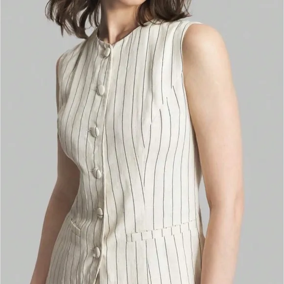Set matching 2 piece Linen cream ivory striped button front vest &amp; midi skirt