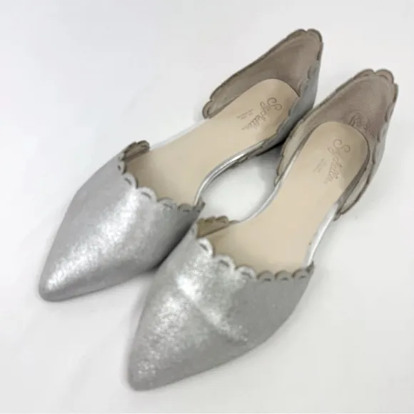Seychelles Anthropologie D’Orsay Silver Sparkle Scalloped Edge Pointed Toe Flats