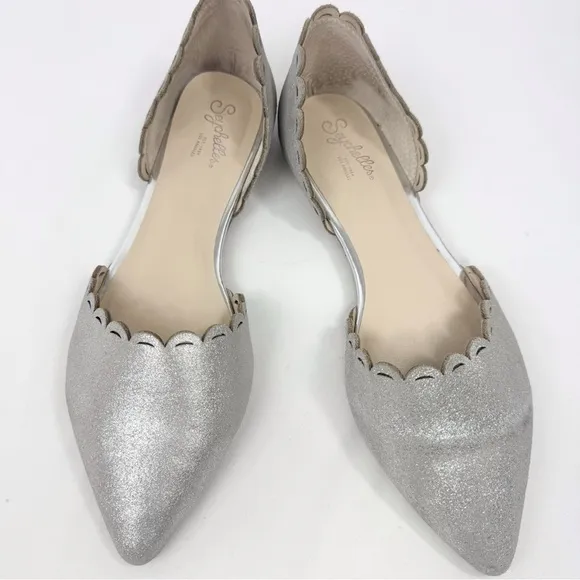 Seychelles Anthropologie D’Orsay Silver Sparkle Scalloped Edge Pointed Toe Flats