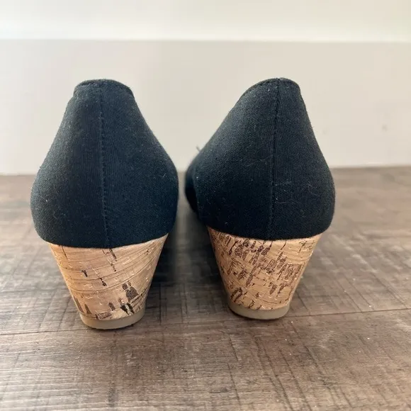 SEYCHELLES PEEP TOE BLACK CANVAS AND CORK WEDGES SIZE 8.5