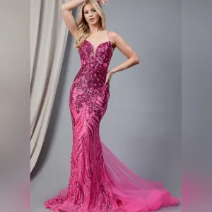 Sheath open back sequin fuchsia pink floor length gown