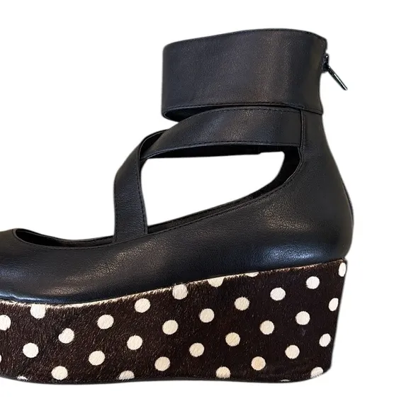 Shellys London Black Leather Polkadot Calf Hair Ankle Wrap Platform Wedges - 6