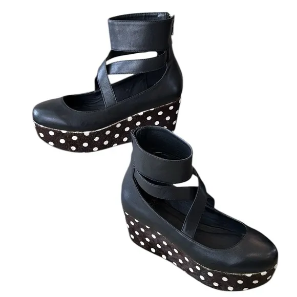 Shellys London Black Leather Polkadot Calf Hair Ankle Wrap Platform Wedges - 6