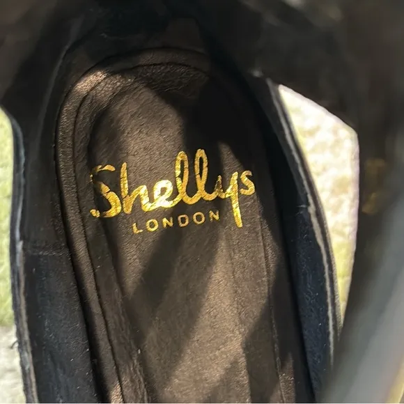 Shellys London Black Leather Polkadot Calf Hair Ankle Wrap Platform Wedges - 6